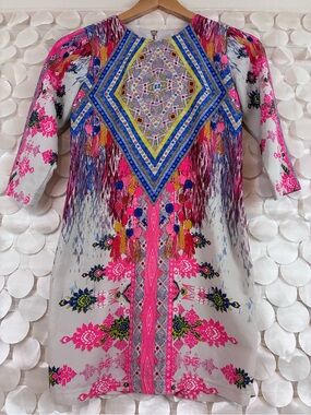 GB Gianni Bini Colorful Print Women’s Small Vibrant Pink Blue Boho 3/4 Sleeve